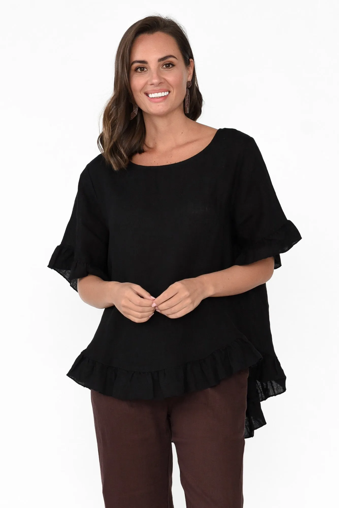 Genevieve Black Linen Frill Top sold by Blue Bungalow