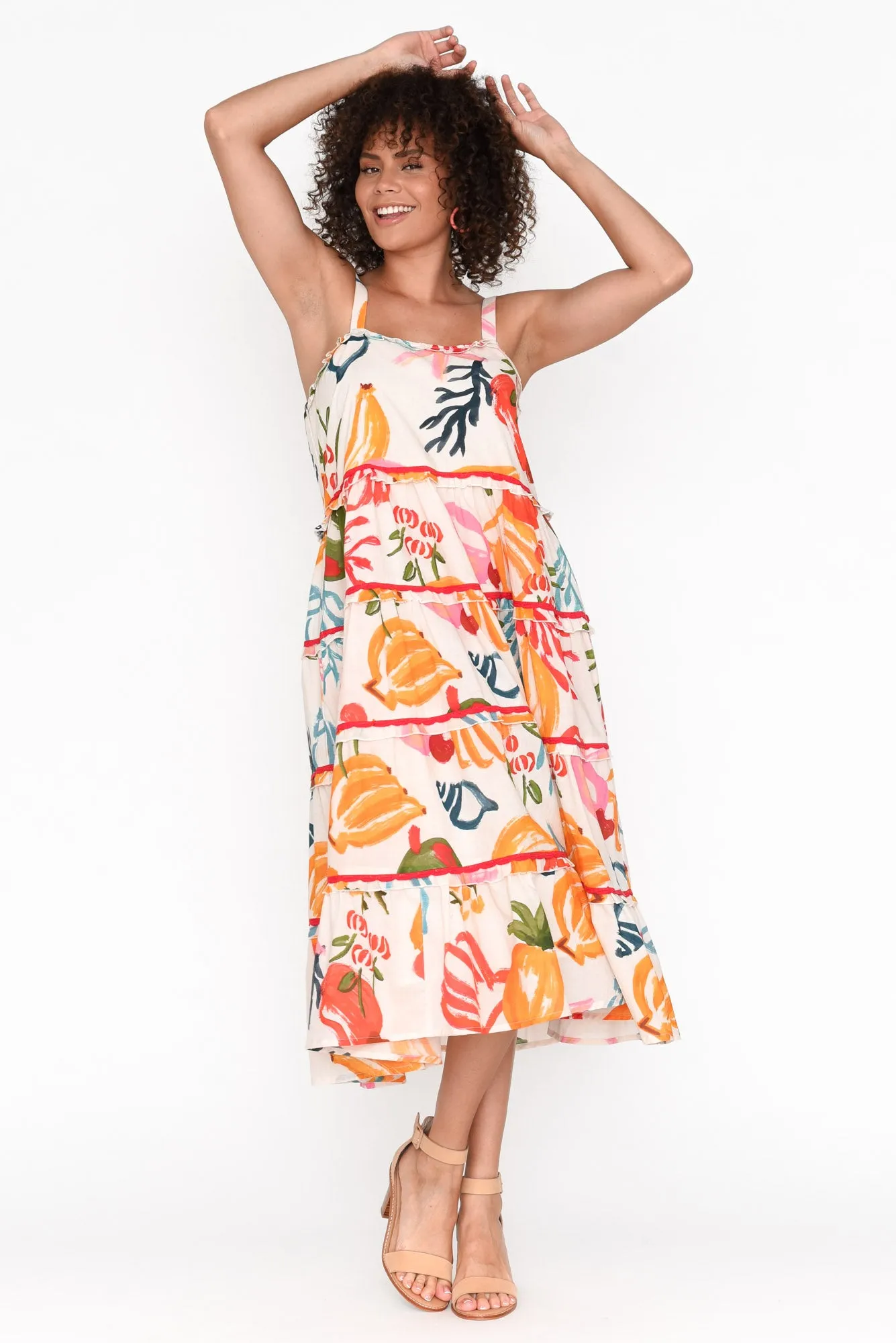 Amarta White Tropical Cotton Tiered Dress sold by Blue Bungalow product image thumbnail 2