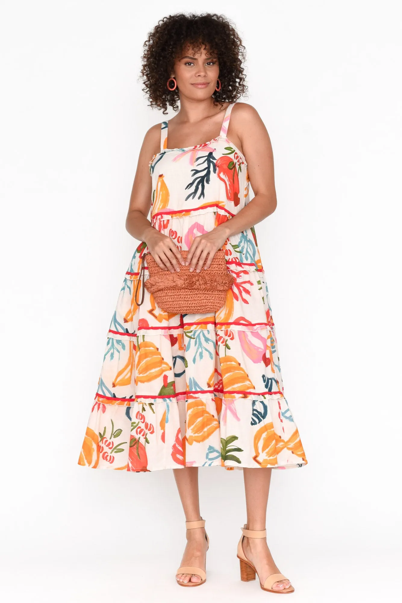 Amarta White Tropical Cotton Tiered Dress sold by Blue Bungalow