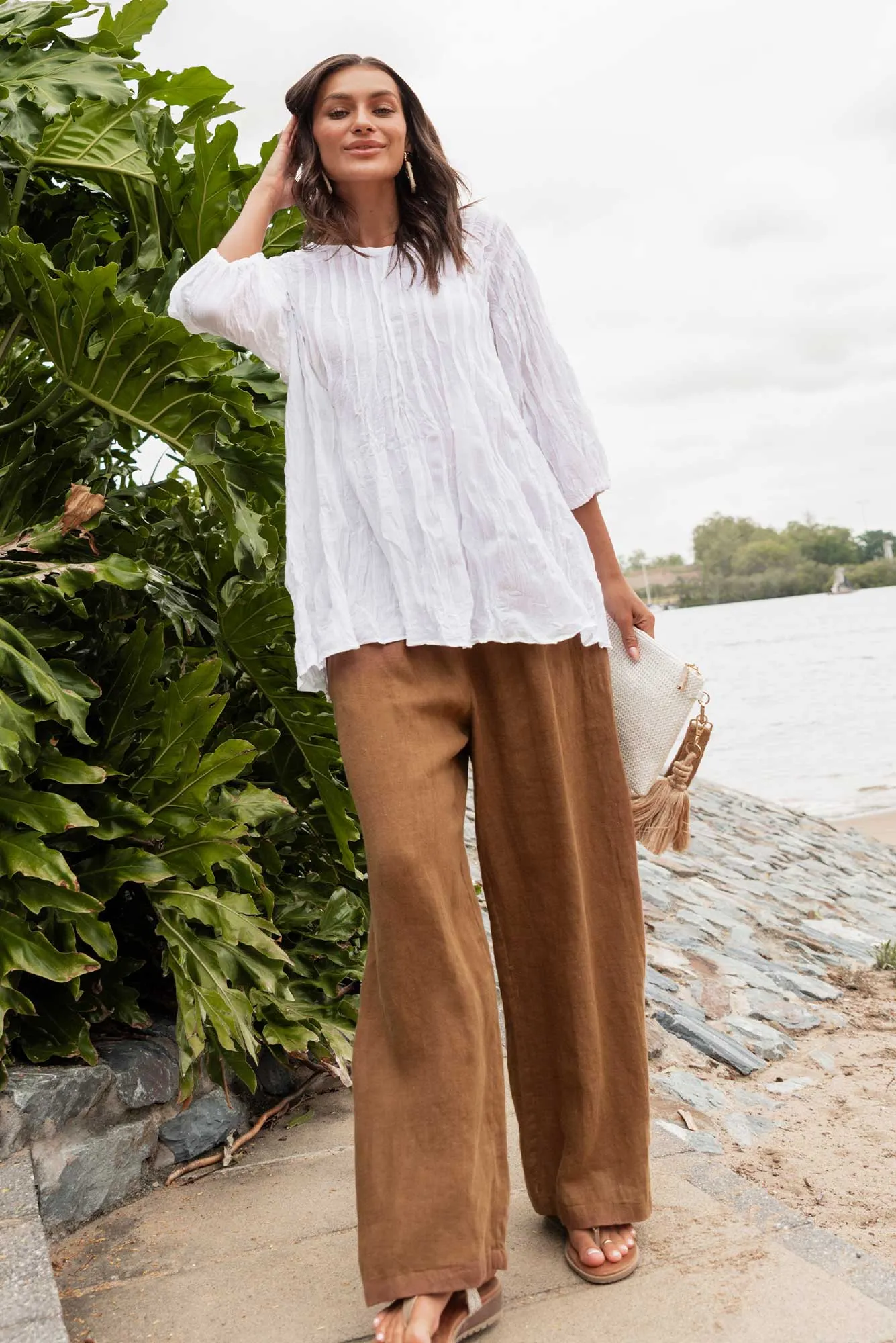 Olina Mocha Linen Wide Leg Pants sold by Blue Bungalow