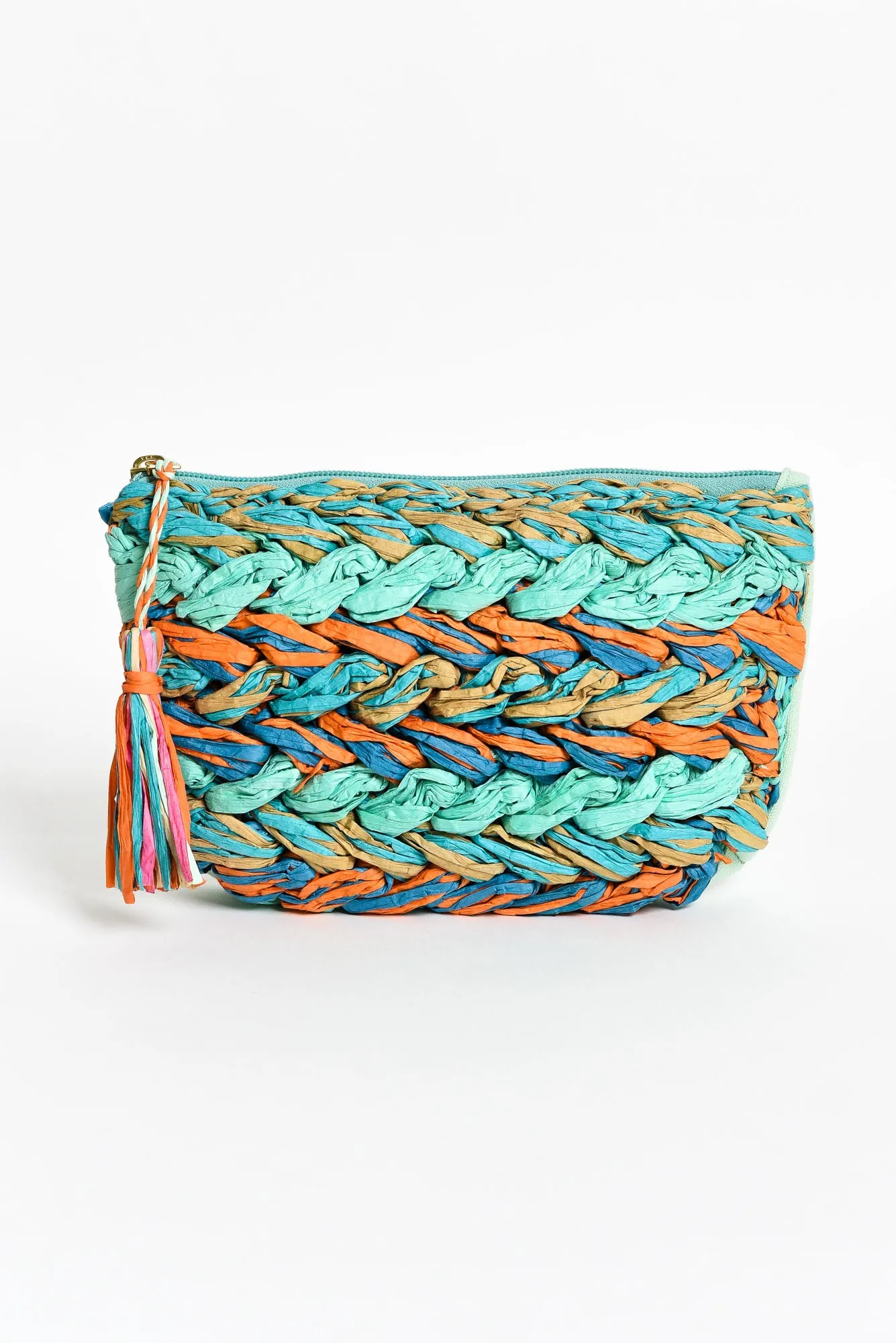 Nebula Turquoise Braided Raffia Clutch sold by Blue Bungalow