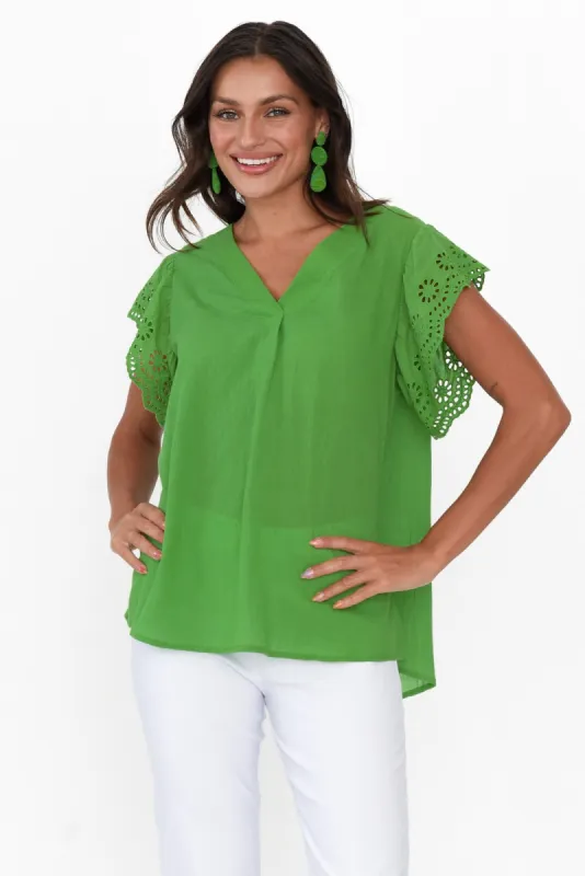 Ariel Green Cotton Embroidered Sleeve Top sold by Blue Bungalow