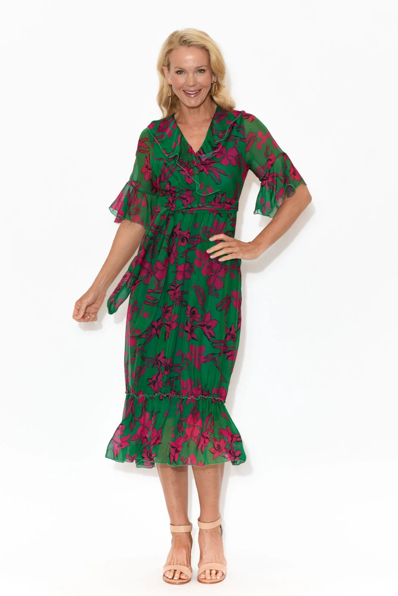 Charlotte Fuchsia Floral Silk Tie Dress sold by Blue Bungalow