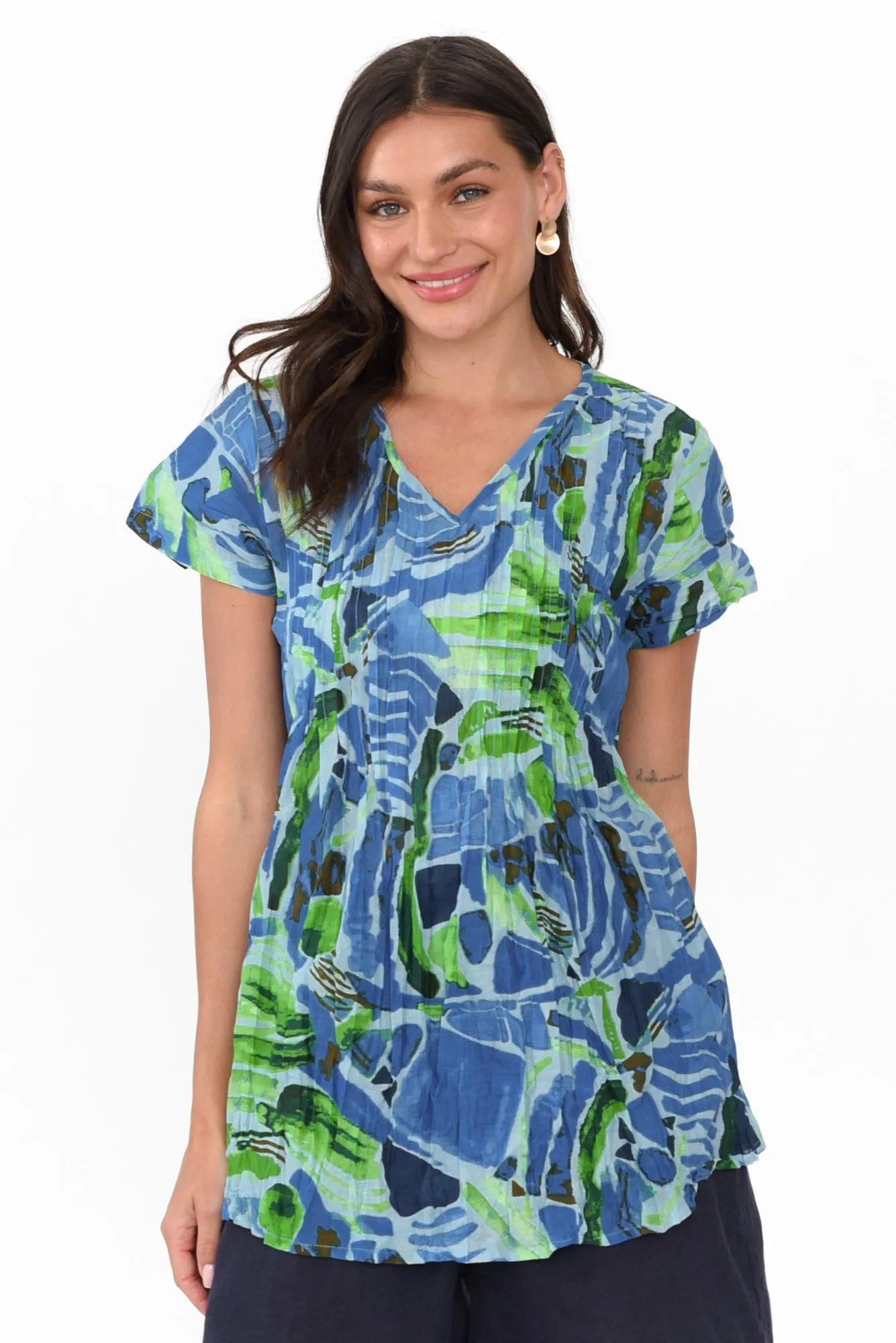 Fia Blue Mosaic Crinkle Cotton Top sold by Blue Bungalow