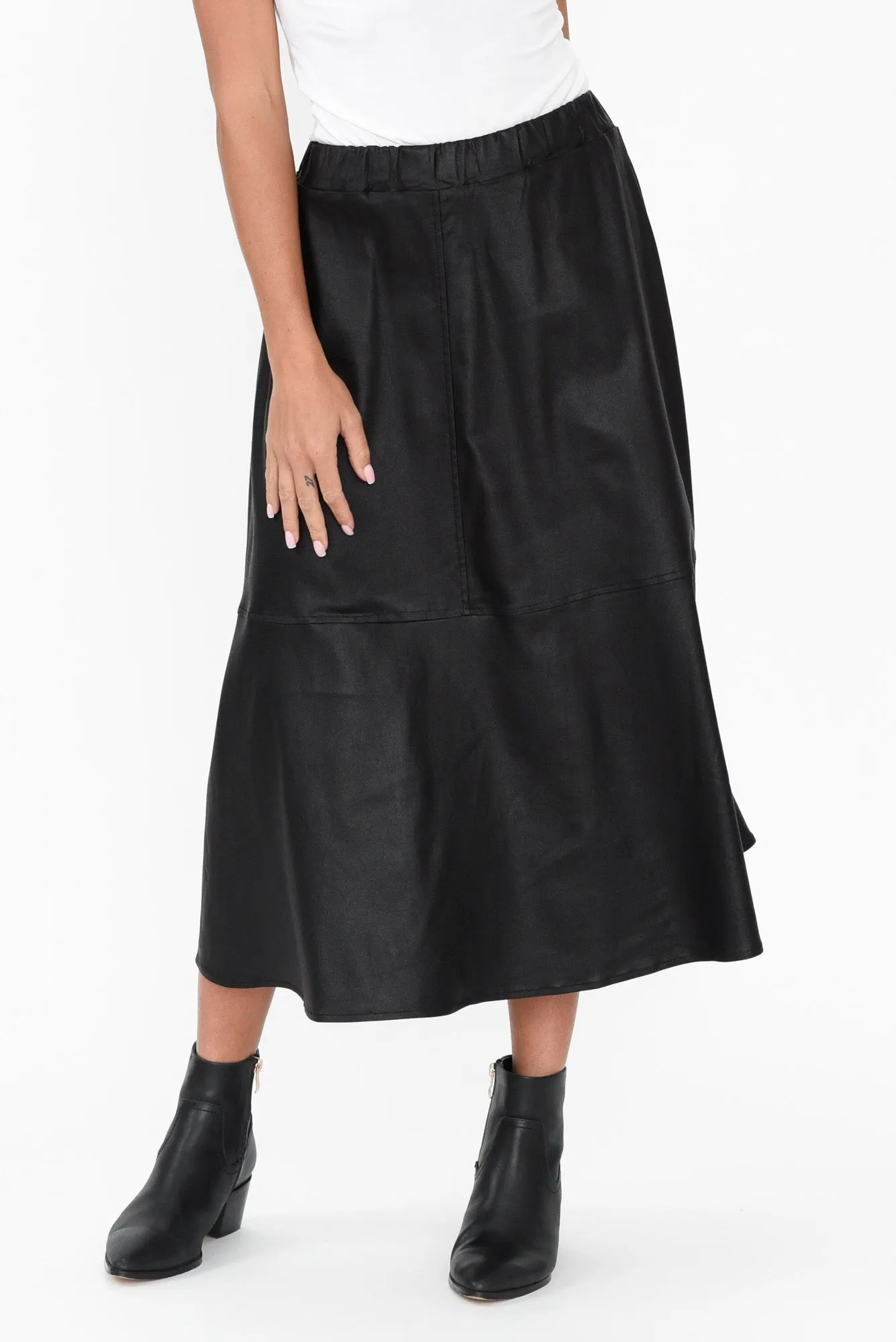 Oriel Black Faux Leather Midi Skirt sold by Blue Bungalow