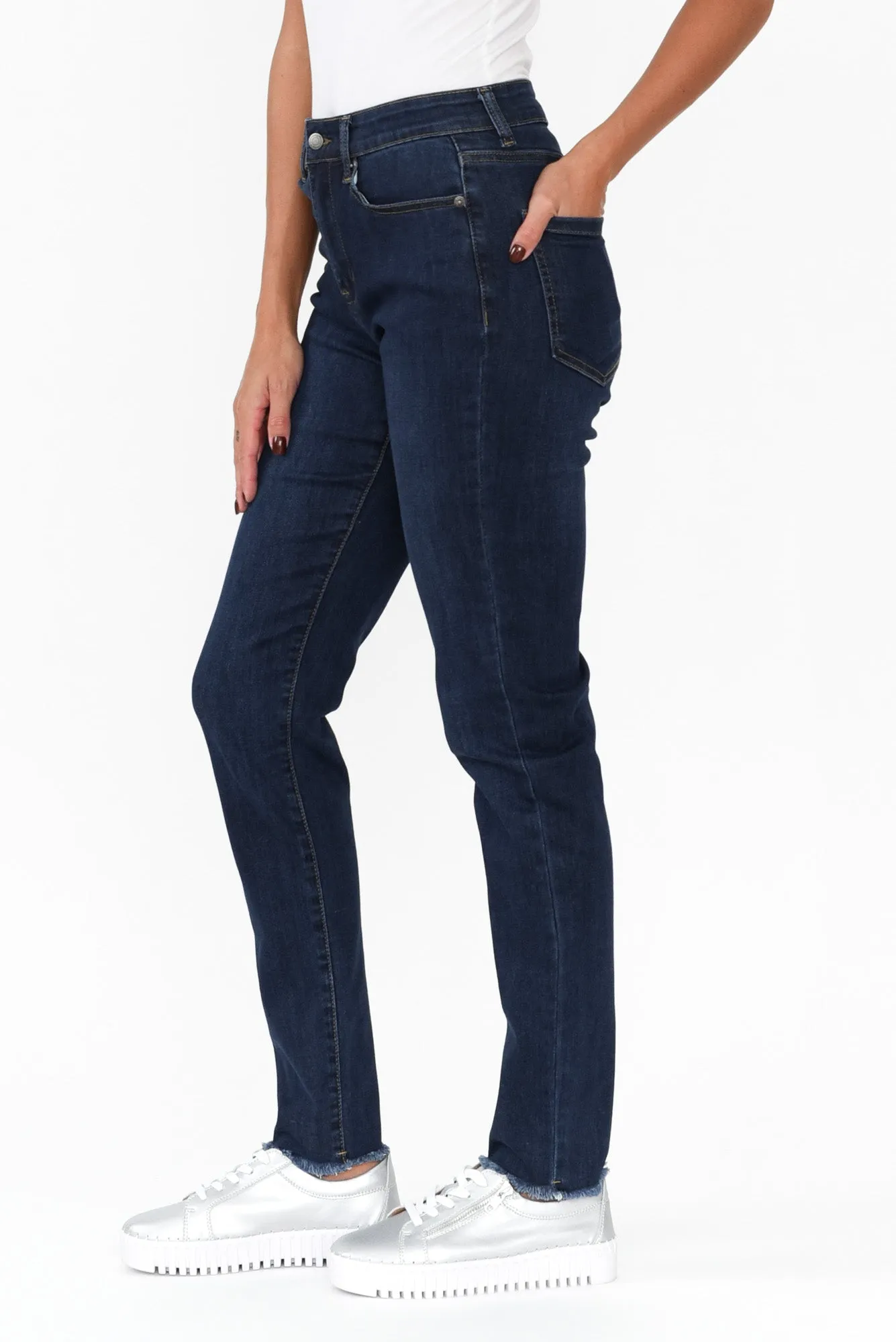 Indiana Dark Denim Frayed Slim Fit Jeans sold by Blue Bungalow product image thumbnail 4
