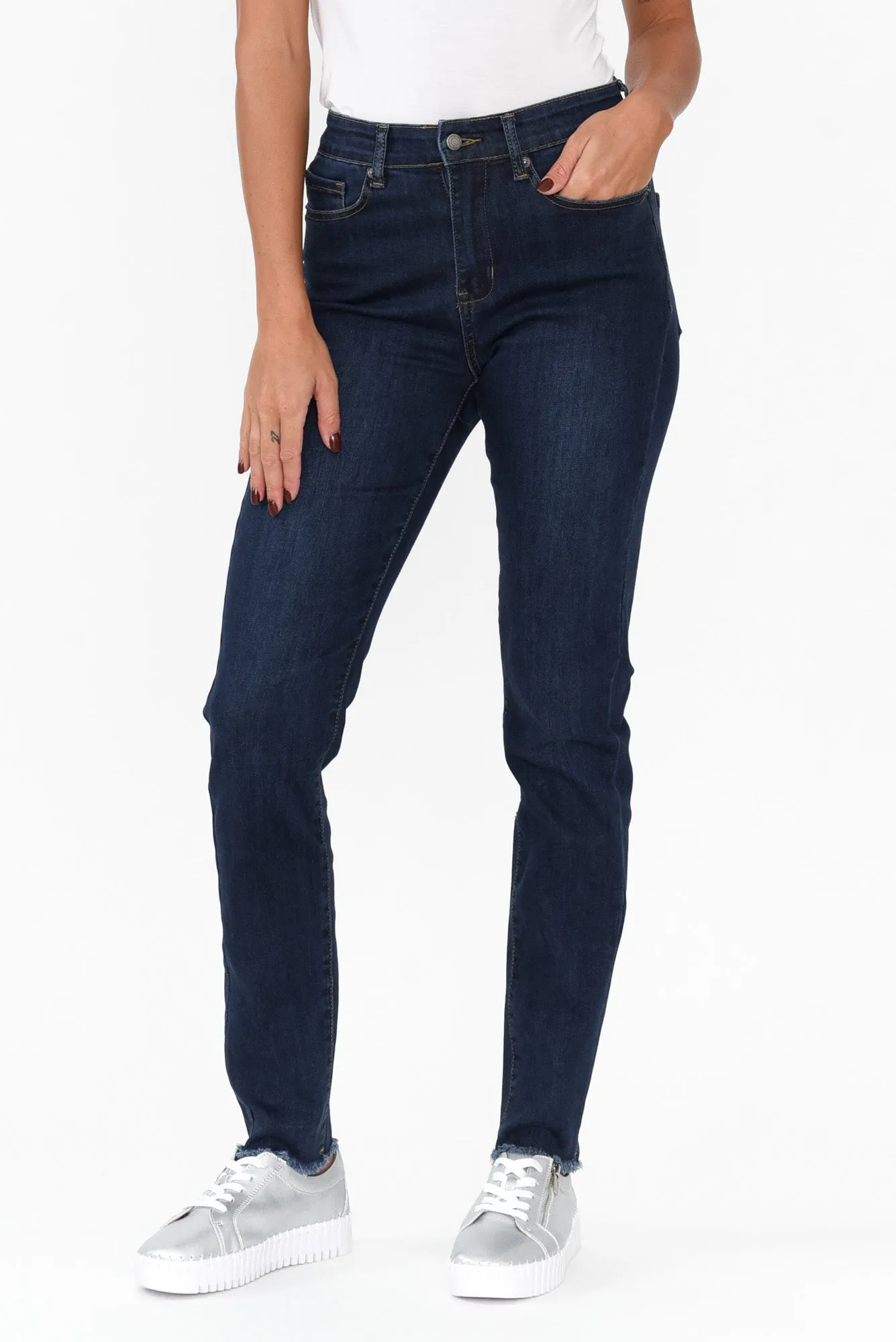 Indiana Dark Denim Frayed Slim Fit Jeans sold by Blue Bungalow product image thumbnail 2