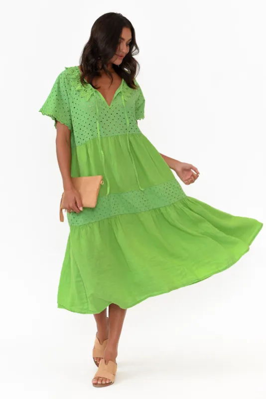 Larsa Green Linen Embroidered Collared Dress sold by Blue Bungalow