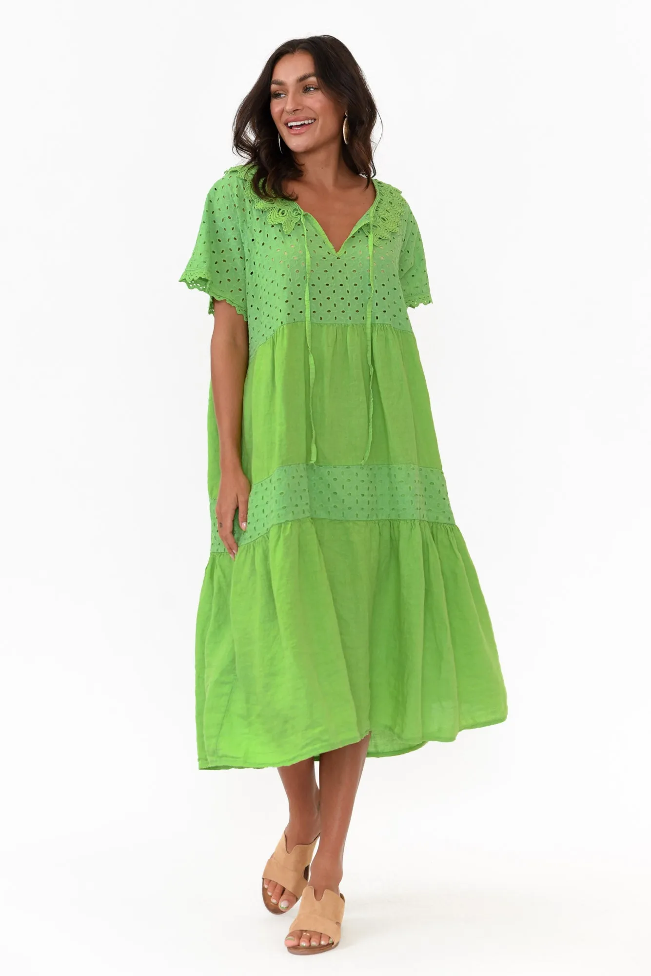 Larsa Green Linen Embroidered Collared Dress sold by Blue Bungalow product image thumbnail 2