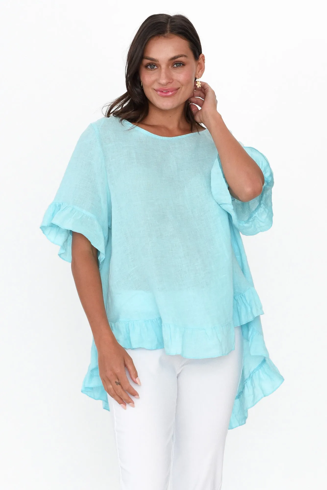Genevieve Blue Linen Frill Top sold by Blue Bungalow