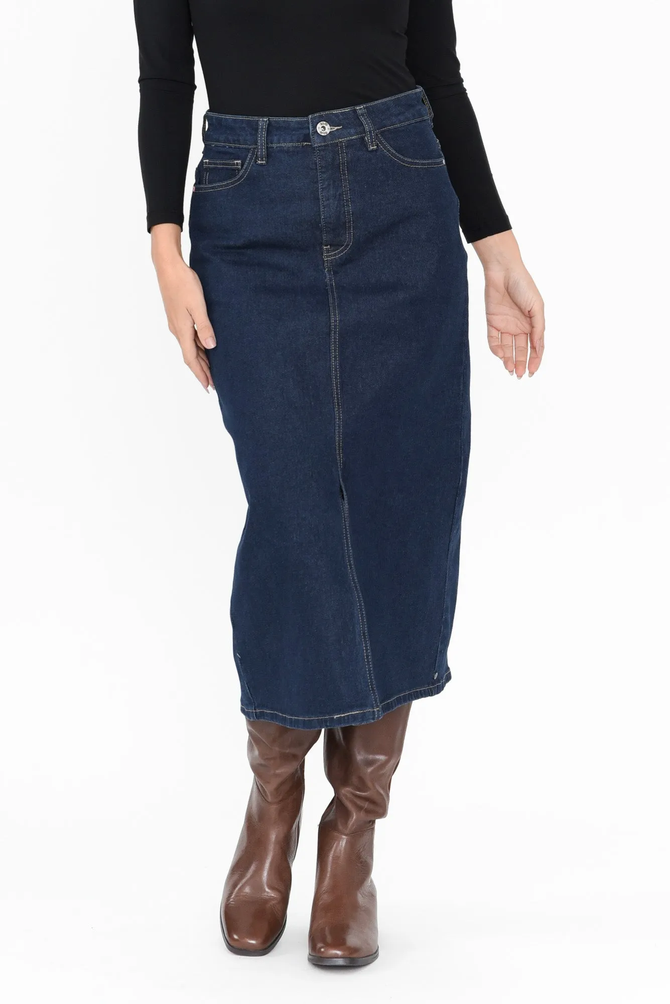 Eloise Dark Blue Denim Midi Skirt sold by Blue Bungalow
