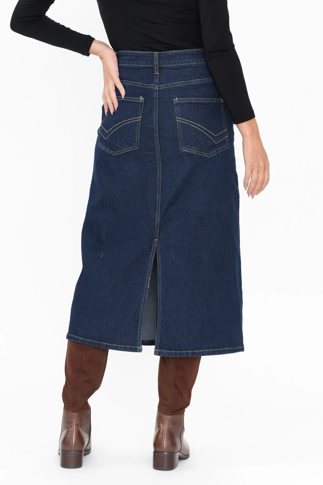 Eloise Dark Blue Denim Midi Skirt sold by Blue Bungalow product image thumbnail 4