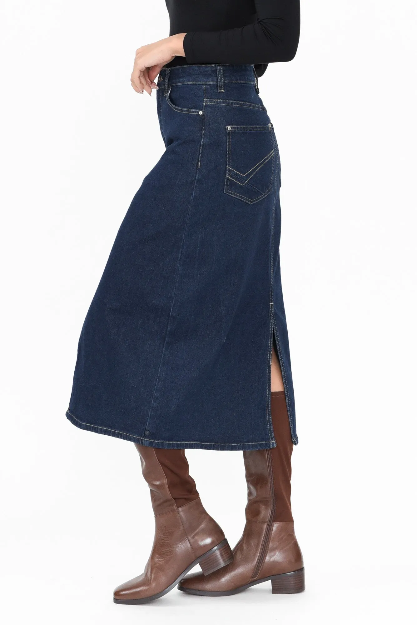 Eloise Dark Blue Denim Midi Skirt sold by Blue Bungalow product image thumbnail 3