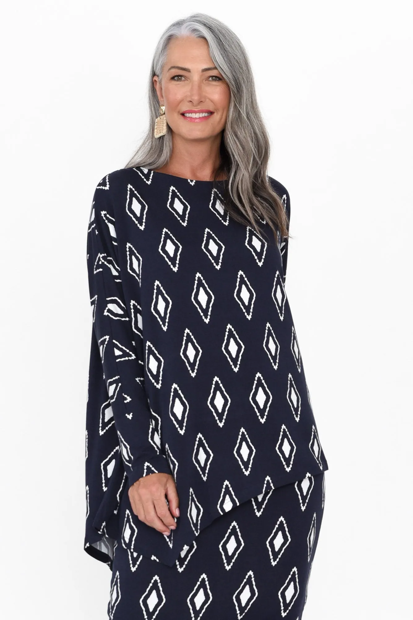 Susie Navy Diamond Asymmetrical Bamboo Top sold by Blue Bungalow product image thumbnail 2