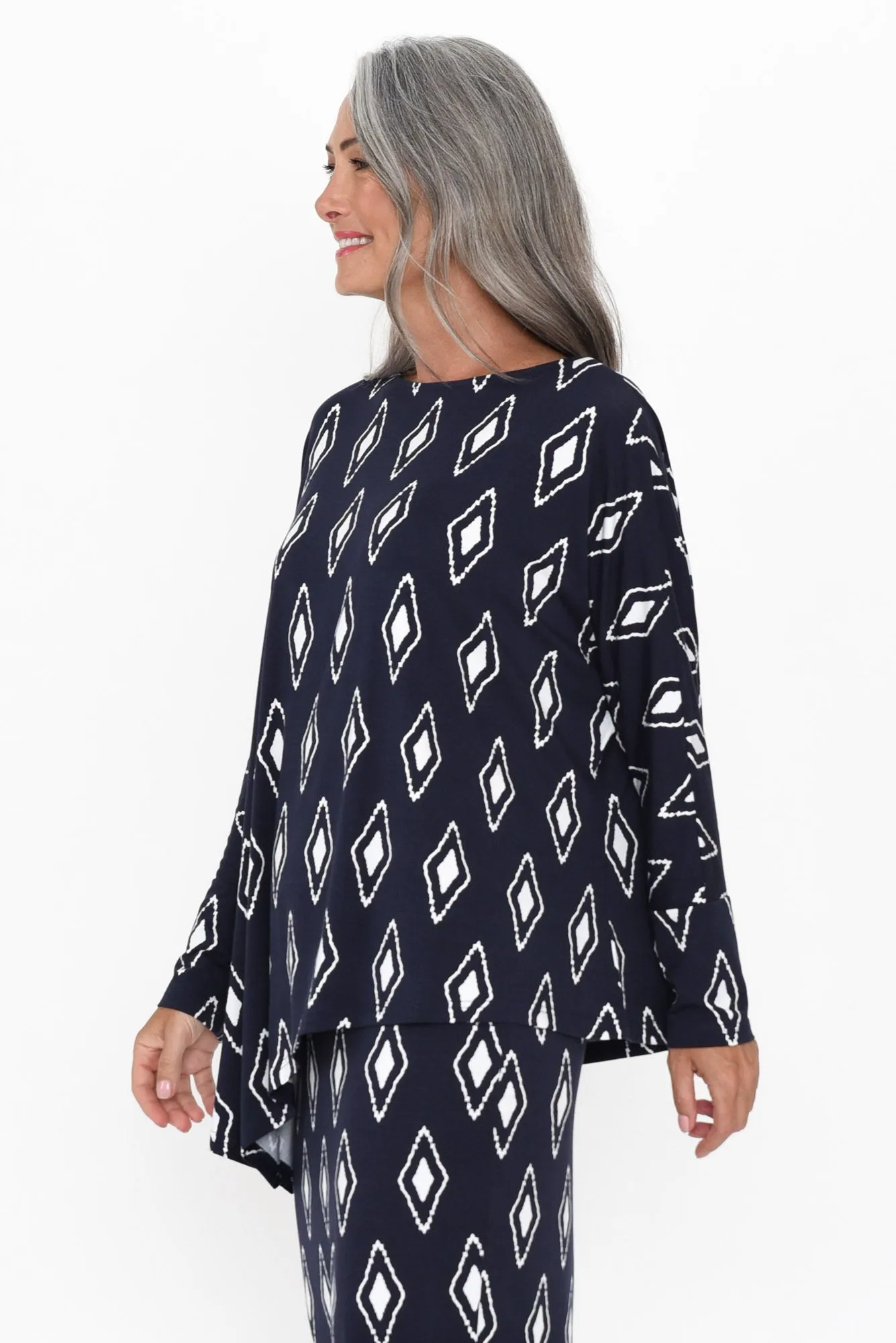 Susie Navy Diamond Asymmetrical Bamboo Top sold by Blue Bungalow product image thumbnail 4
