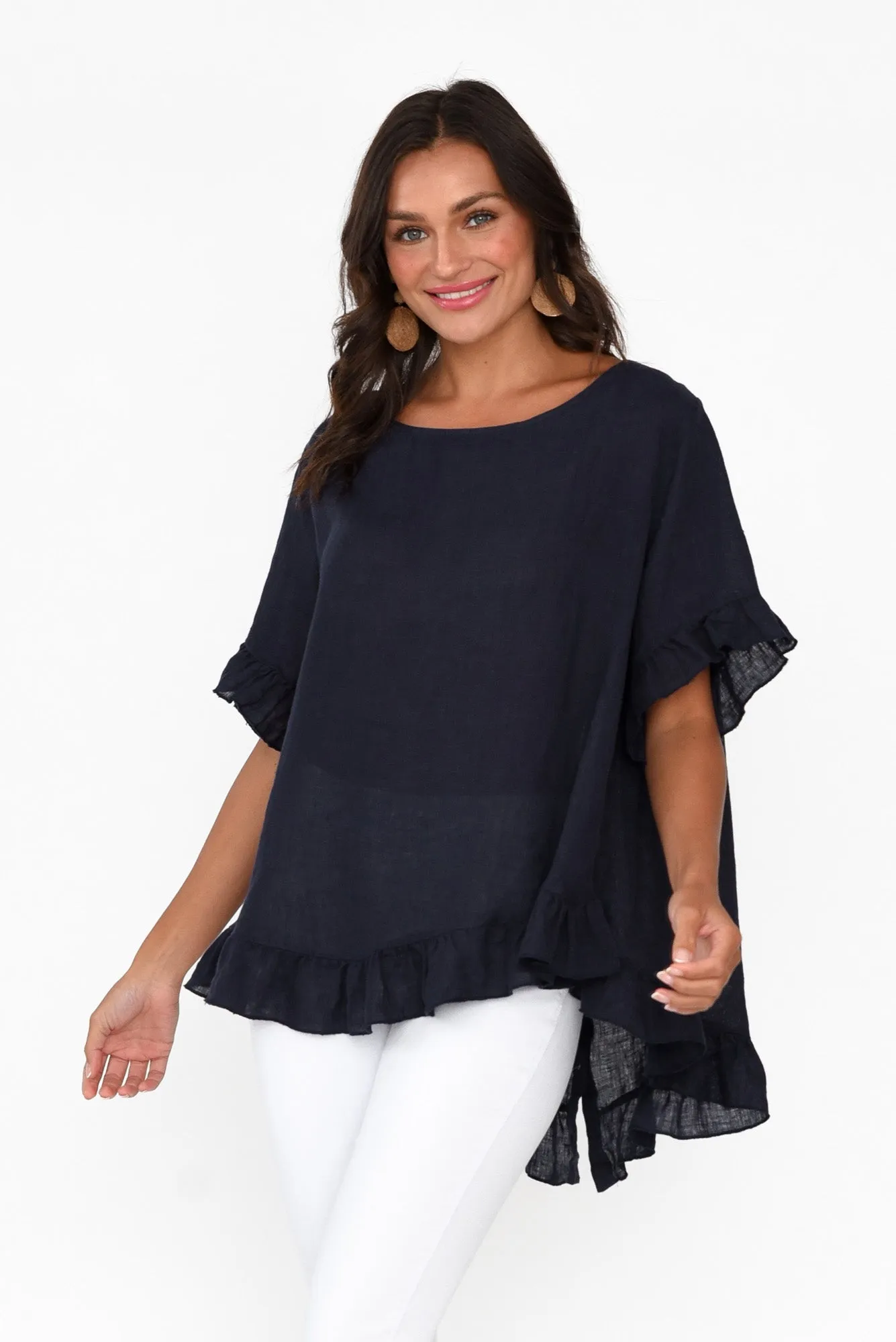 Genevieve Navy Linen Frill Top sold by Blue Bungalow product image thumbnail 2