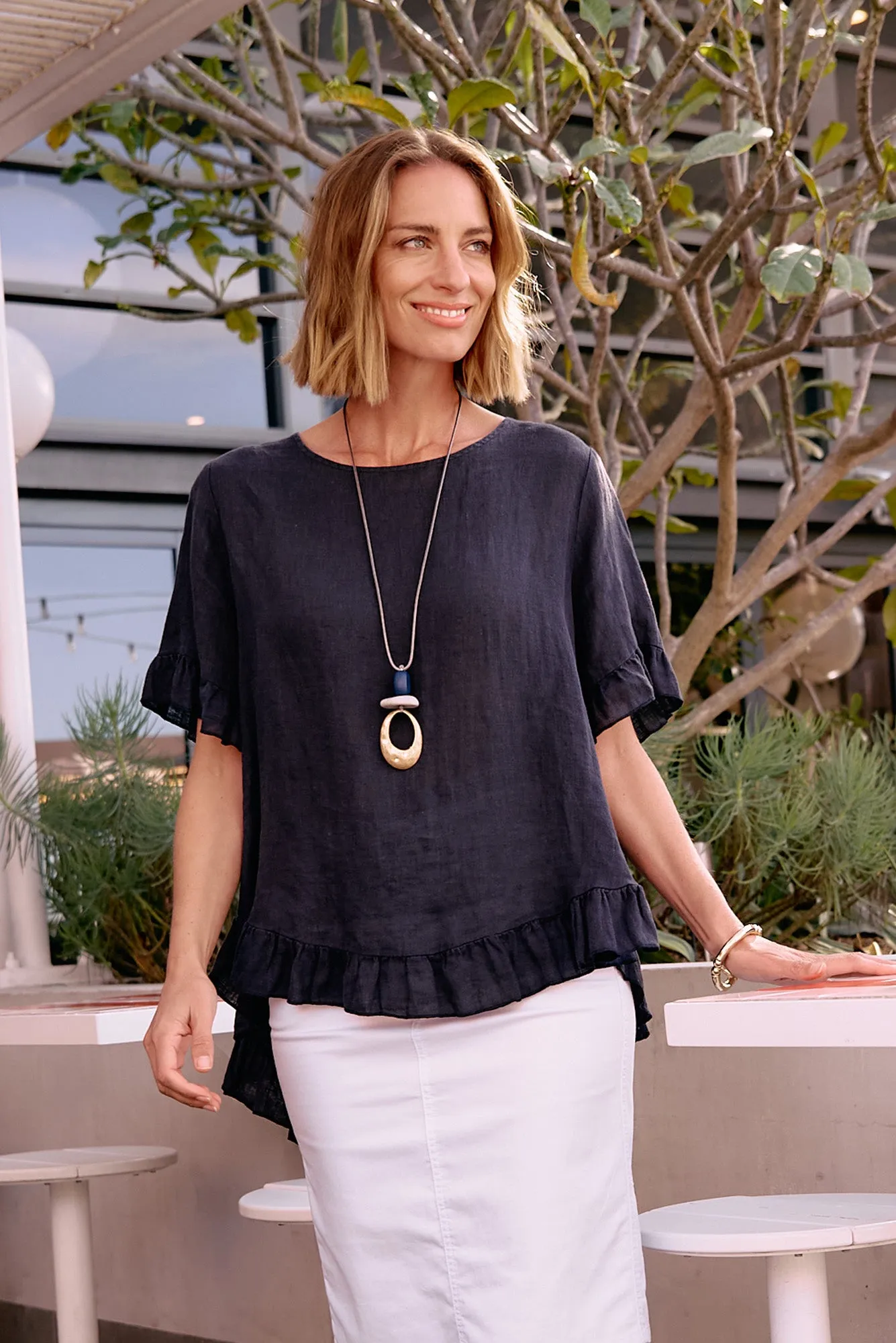 Genevieve Navy Linen Frill Top sold by Blue Bungalow