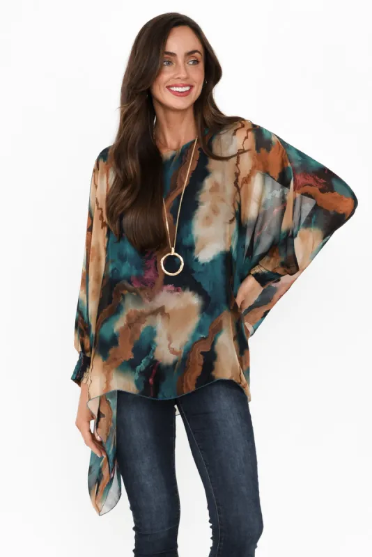 Dorey Navy Abstract Silk Layer Top sold by Blue Bungalow