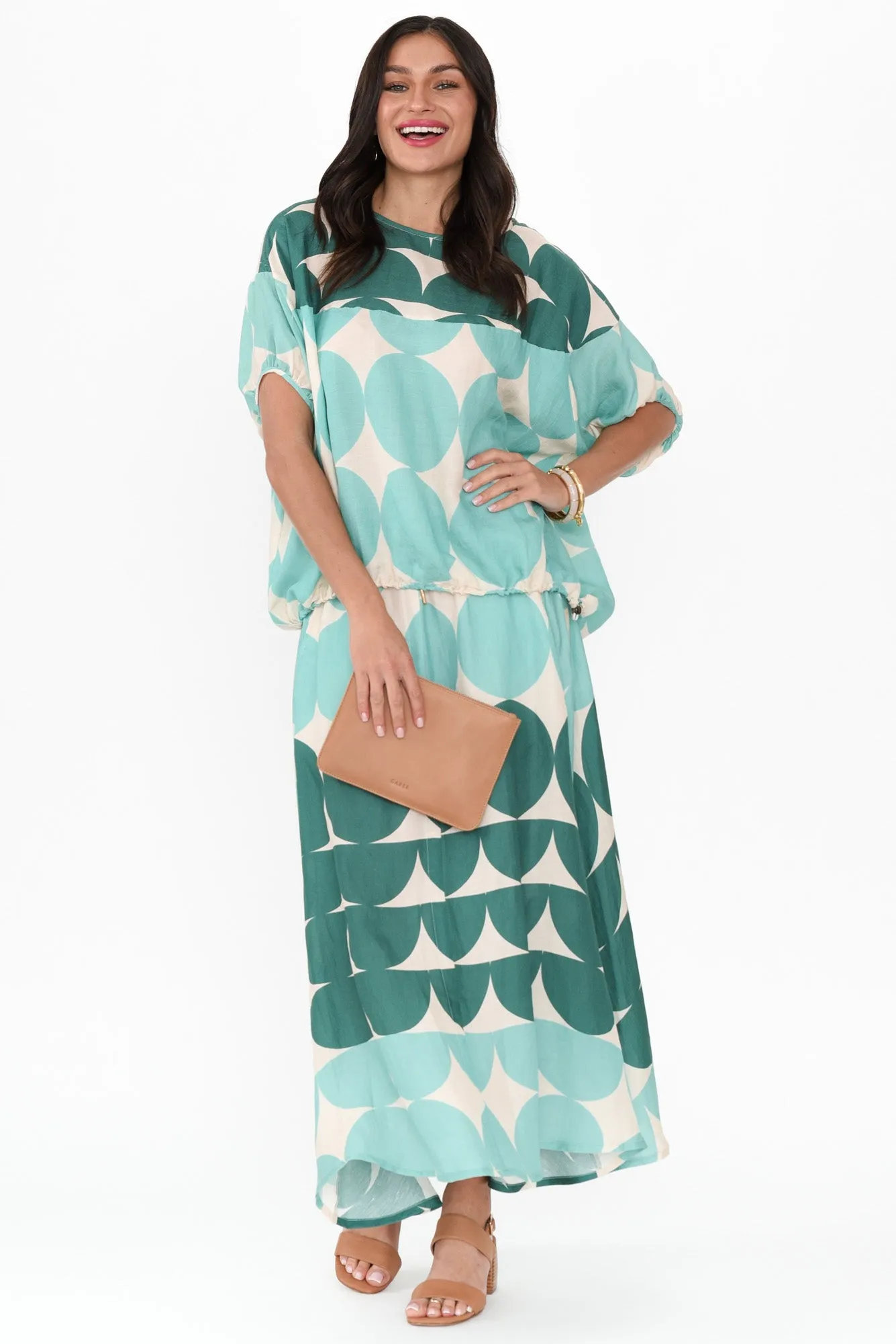 Domino Aqua Spot Linen Blend Skirt sold by Blue Bungalow product image thumbnail 2