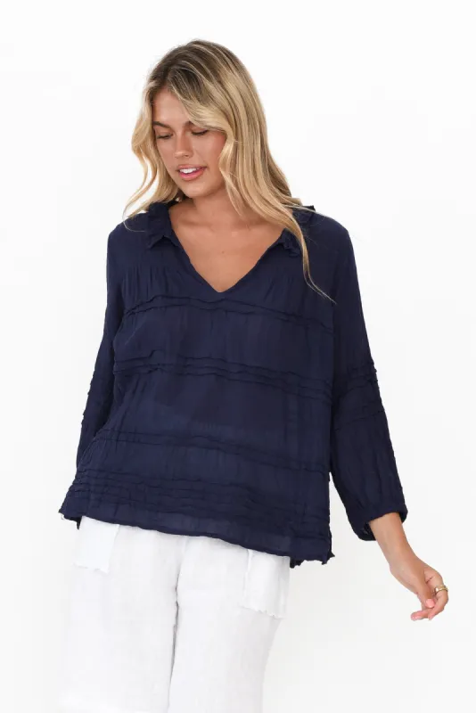 Palmer Navy Cotton Long Sleeve Top sold by Blue Bungalow