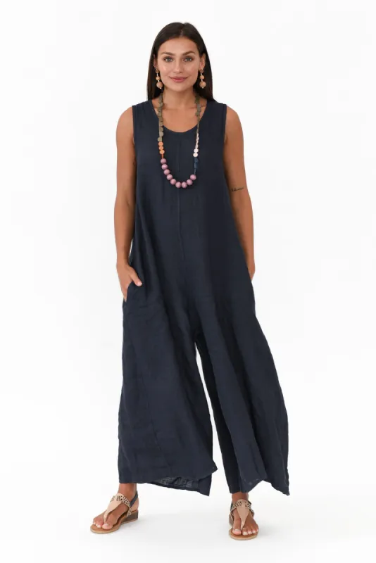 Fay Navy Linen Jumpsuit sold by Blue Bungalow