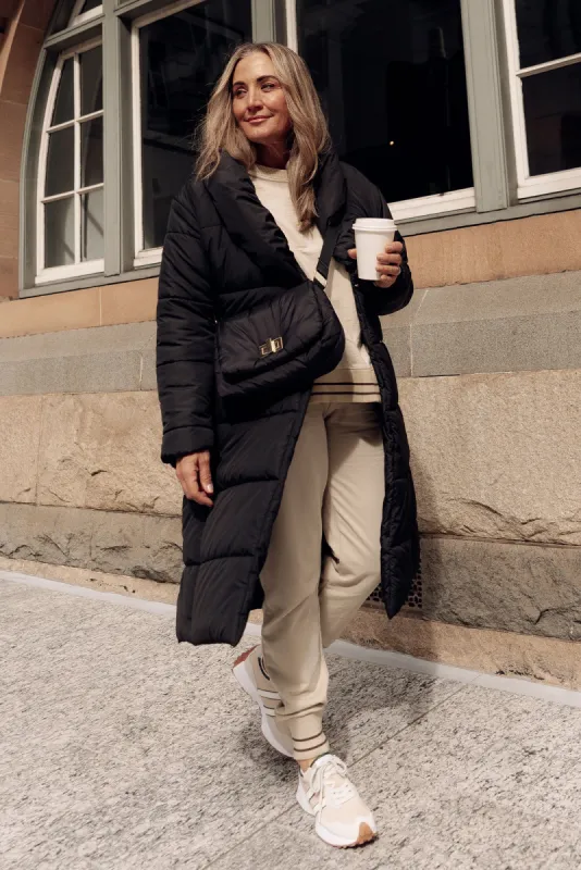 Shawl Black Tie Puffer Coat made by Blue Bungalow