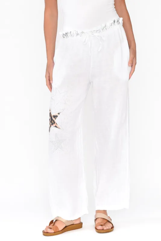 Nalda White Leopard Linen Embellished Pants sold by Blue Bungalow