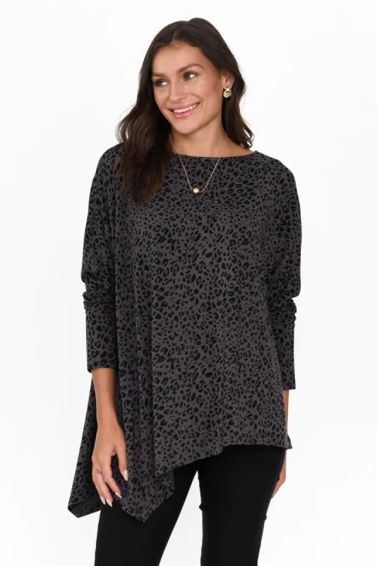 Susie Grey Leopard Asymmetrical Bamboo Top sold by Blue Bungalow