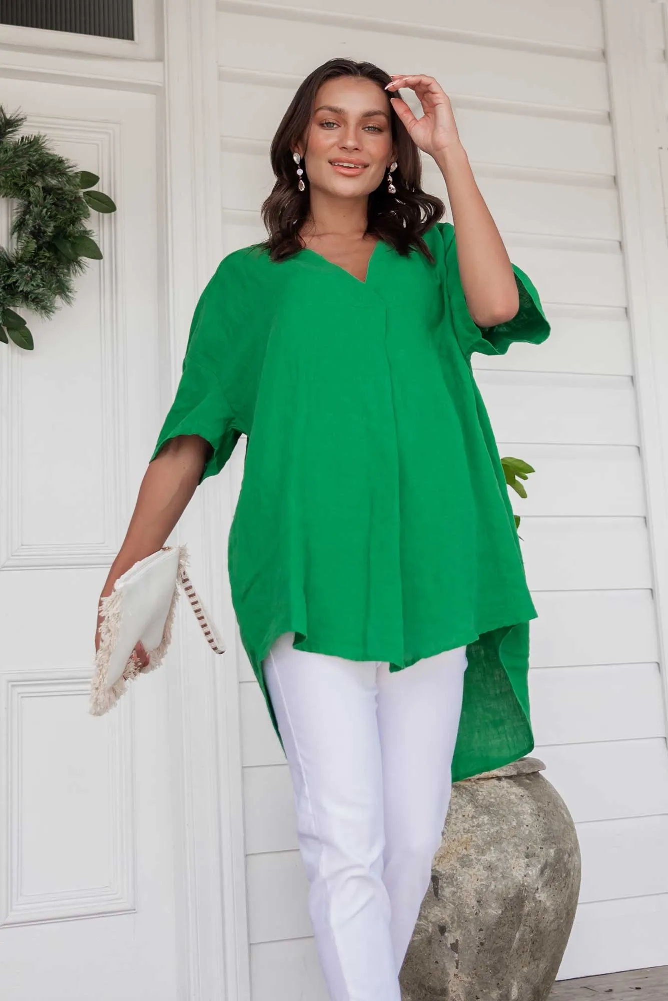 Holland Green Linen V Neck Tunic sold by Blue Bungalow