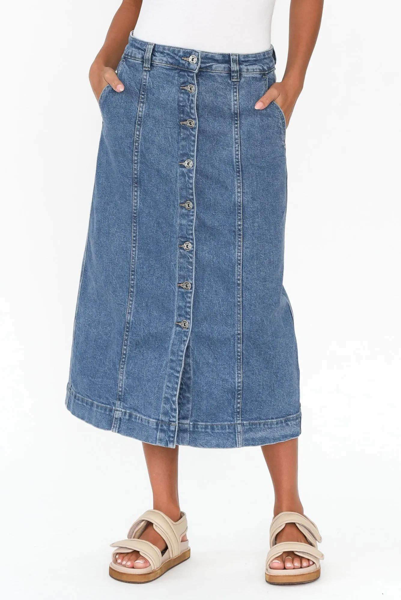 Florence Mid Blue Denim Skirt sold by Blue Bungalow