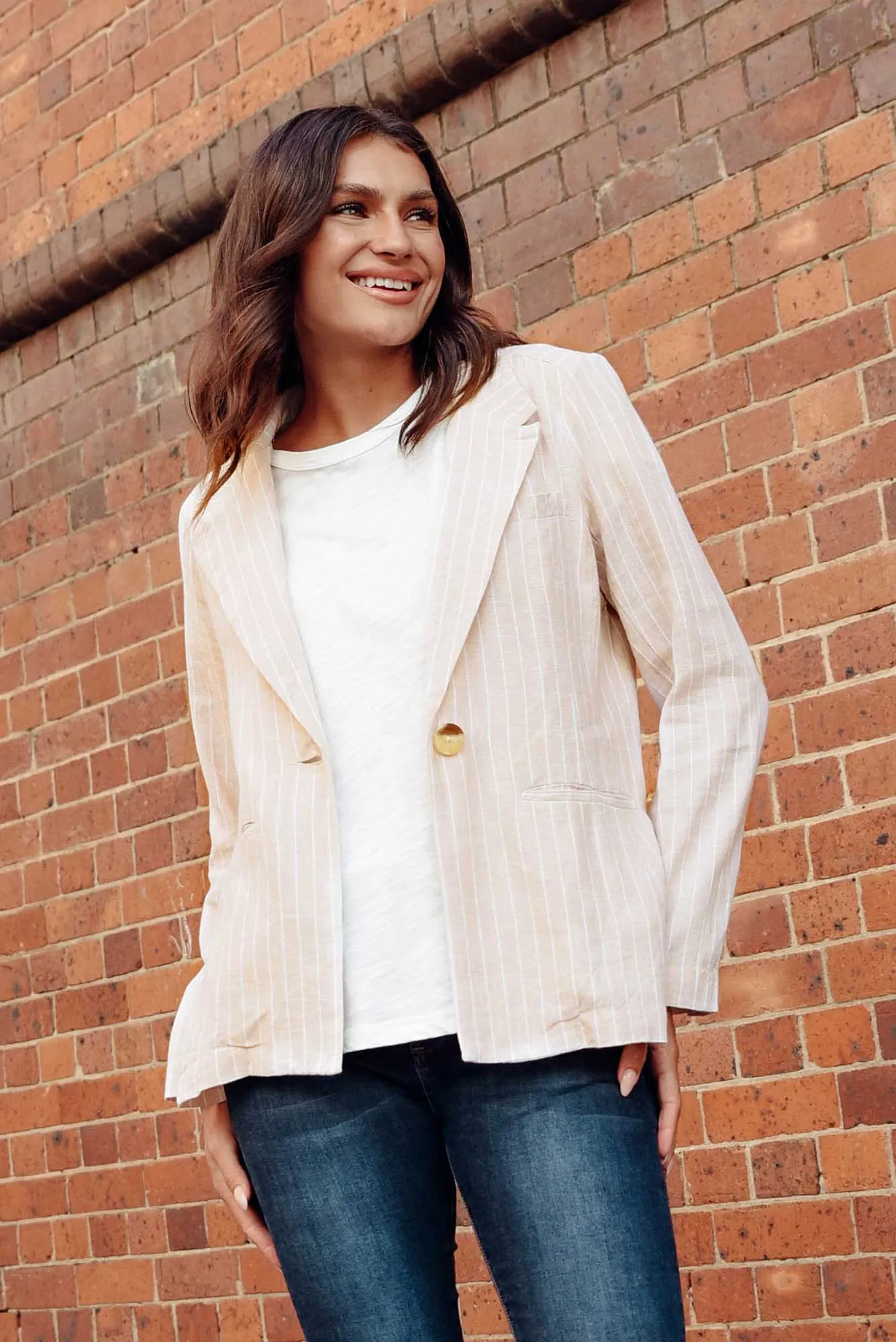 Lisset Natural Stripe Linen Blend Blazer sold by Blue Bungalow