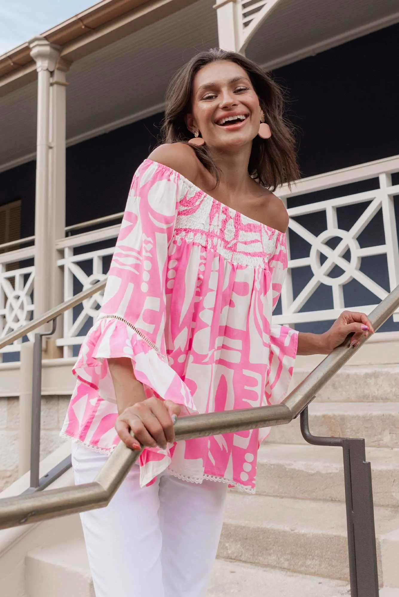 Violet Pink Abstract Bell Sleeve Top sold by Blue Bungalow