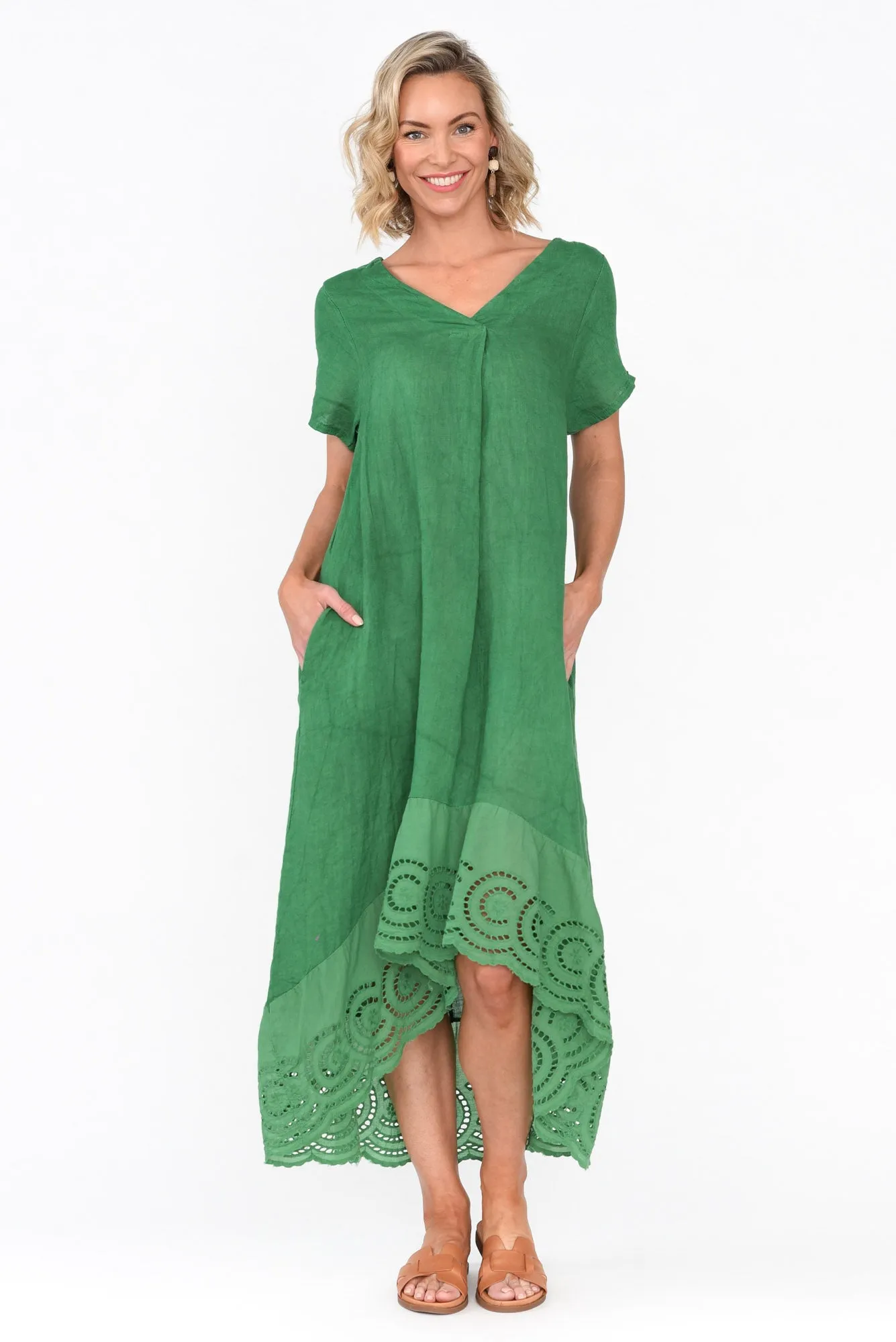 Ravella Green Linen V Neck Dress sold by Blue Bungalow product image thumbnail 2