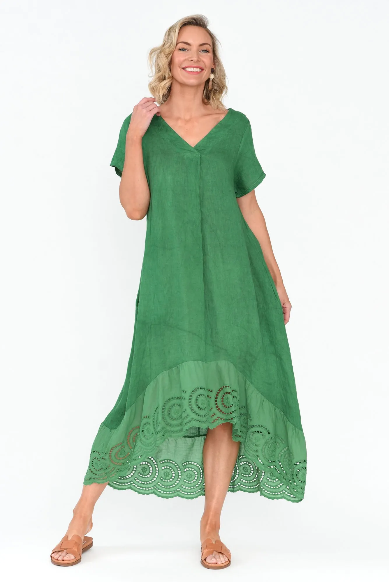 Ravella Green Linen V Neck Dress sold by Blue Bungalow