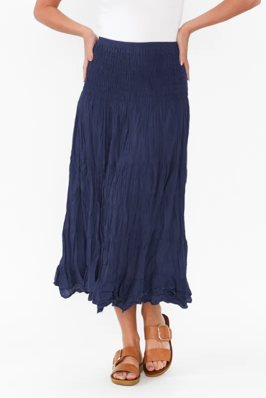 Navy Crinkle Cotton Midi Skirt sold by Blue Bungalow