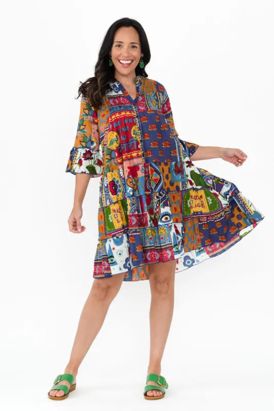 Amritsar Blue Abstract Cotton Pleated Dress sold by Blue Bungalow