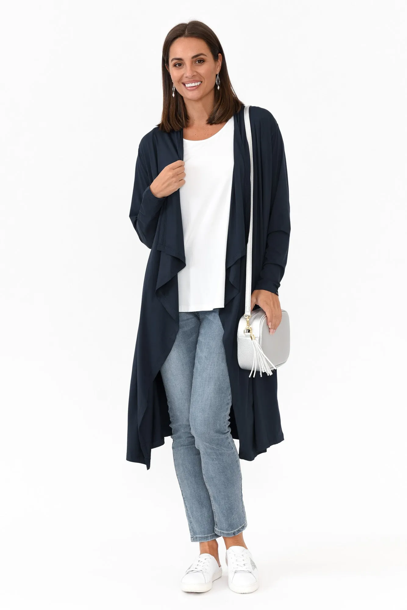 Leanna Navy Bamboo Waterfall Cardigan sold by Blue Bungalow