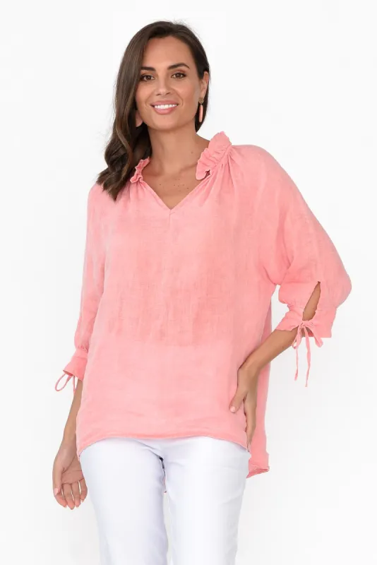Francisco Peach Linen Frill Top sold by Blue Bungalow