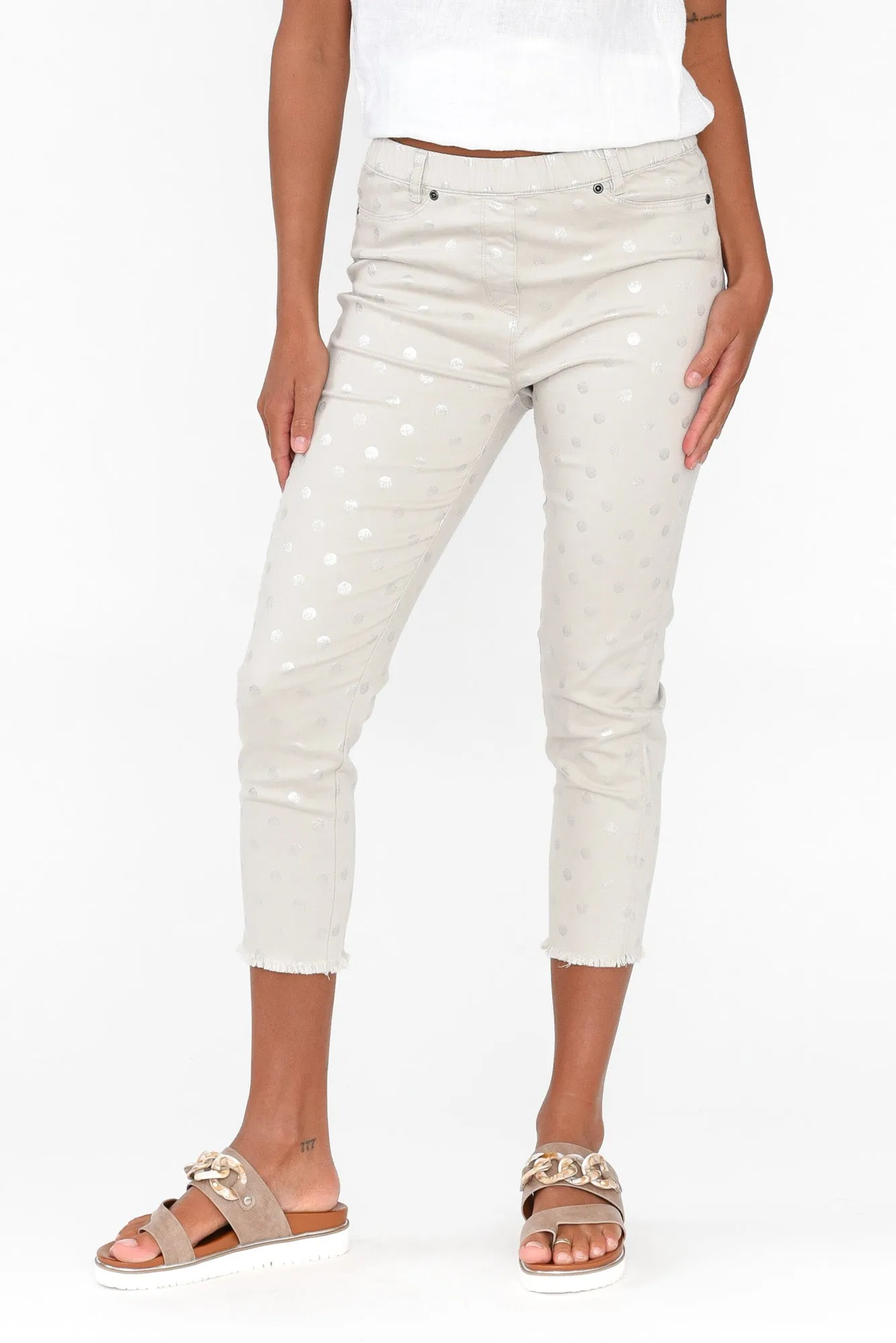 Reed Taupe Foil Spot Cotton Capri Pants sold by Blue Bungalow