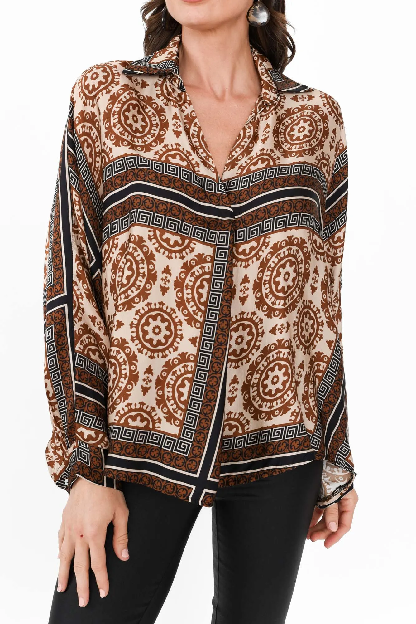 Monroe Brown Geo Silk Blend Top sold by Blue Bungalow product image thumbnail 5