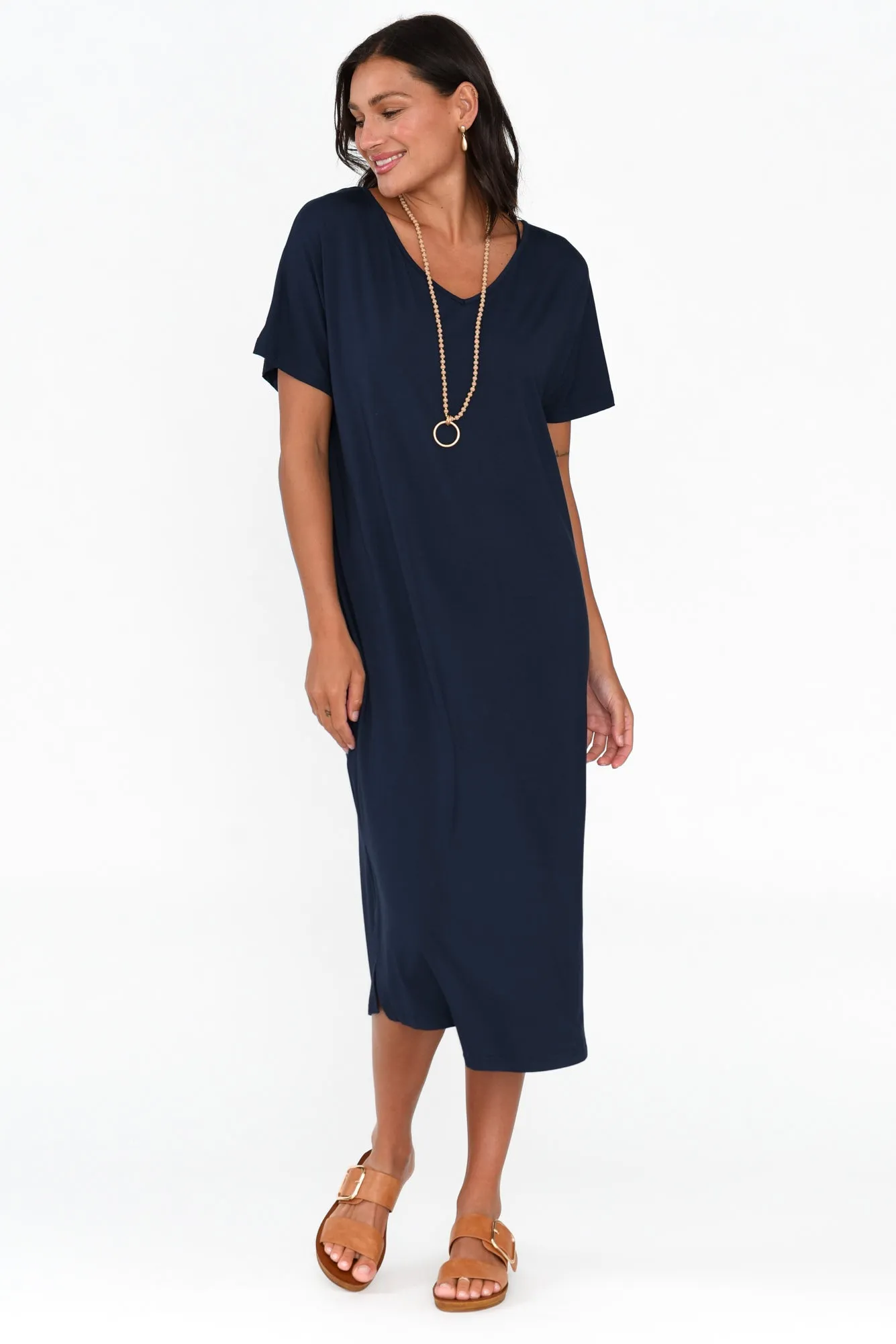 Dennis Navy Bamboo V Neck Dress sold by Blue Bungalow product image thumbnail 2