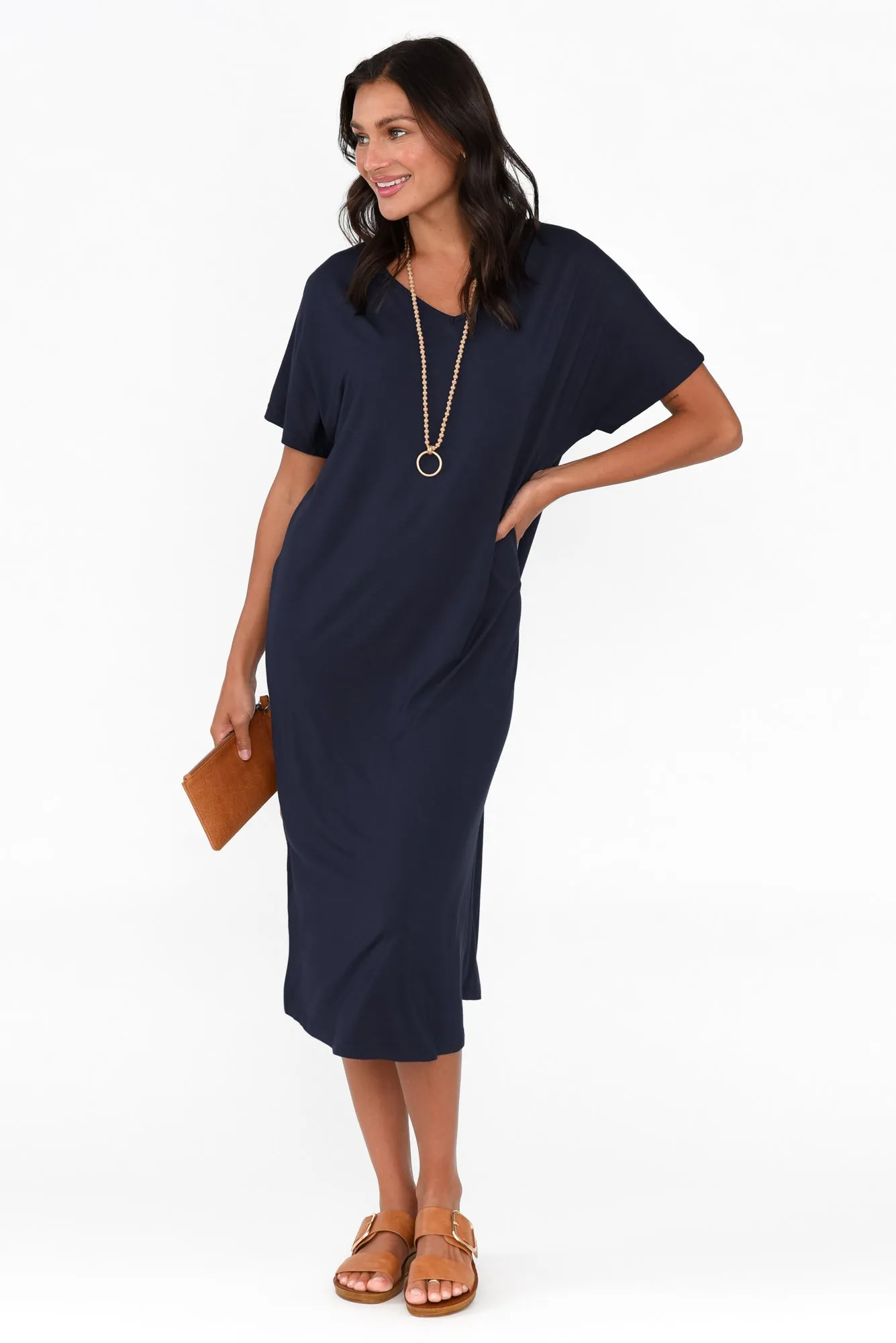 Dennis Navy Bamboo V Neck Dress sold by Blue Bungalow
