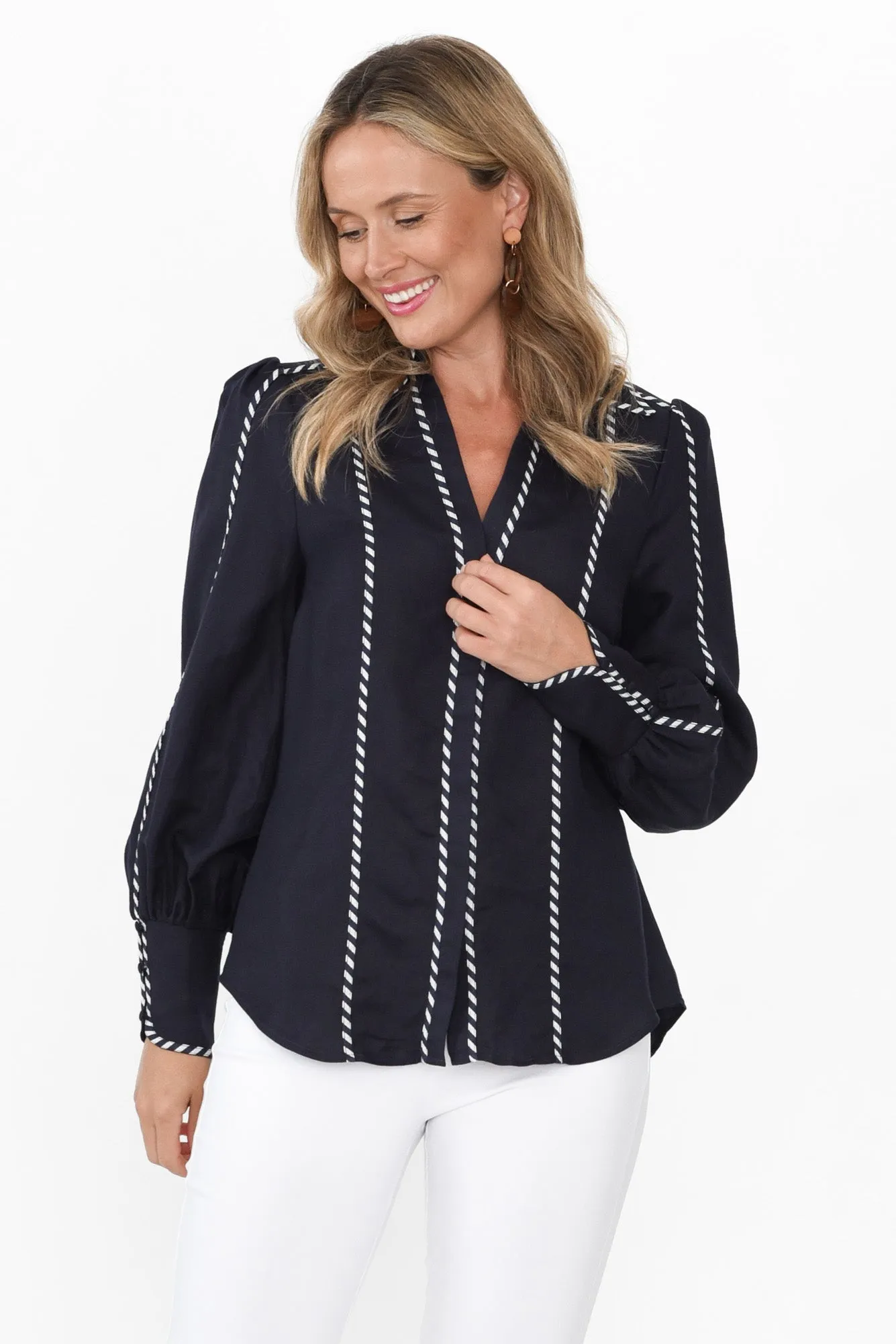 Pisces Navy Ink Linen Blend Shirt sold by Blue Bungalow