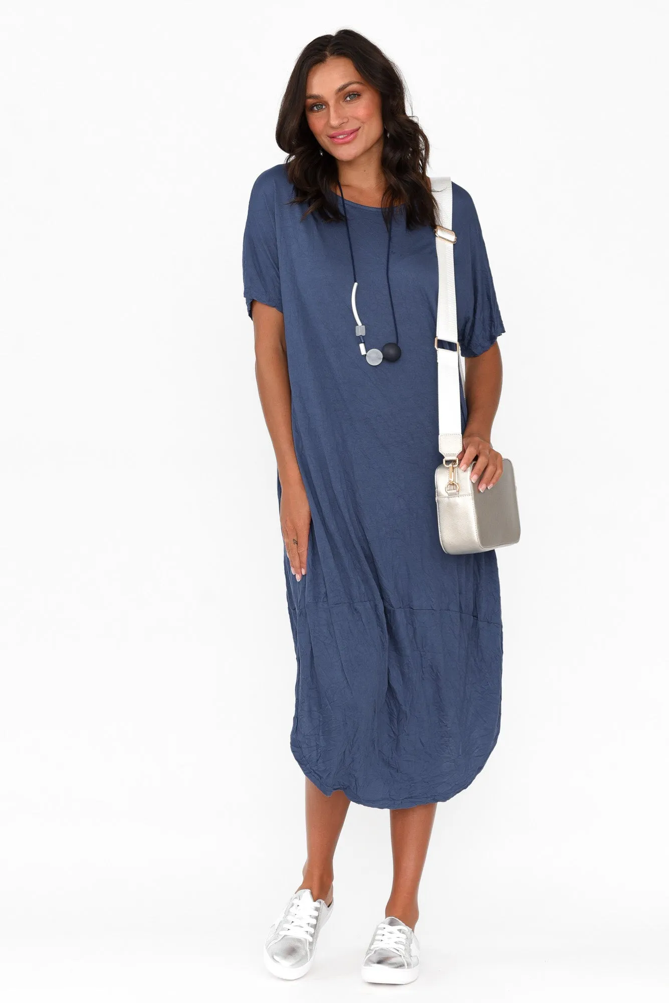 Clemmie Navy Crinkle Cotton Dress sold by Blue Bungalow