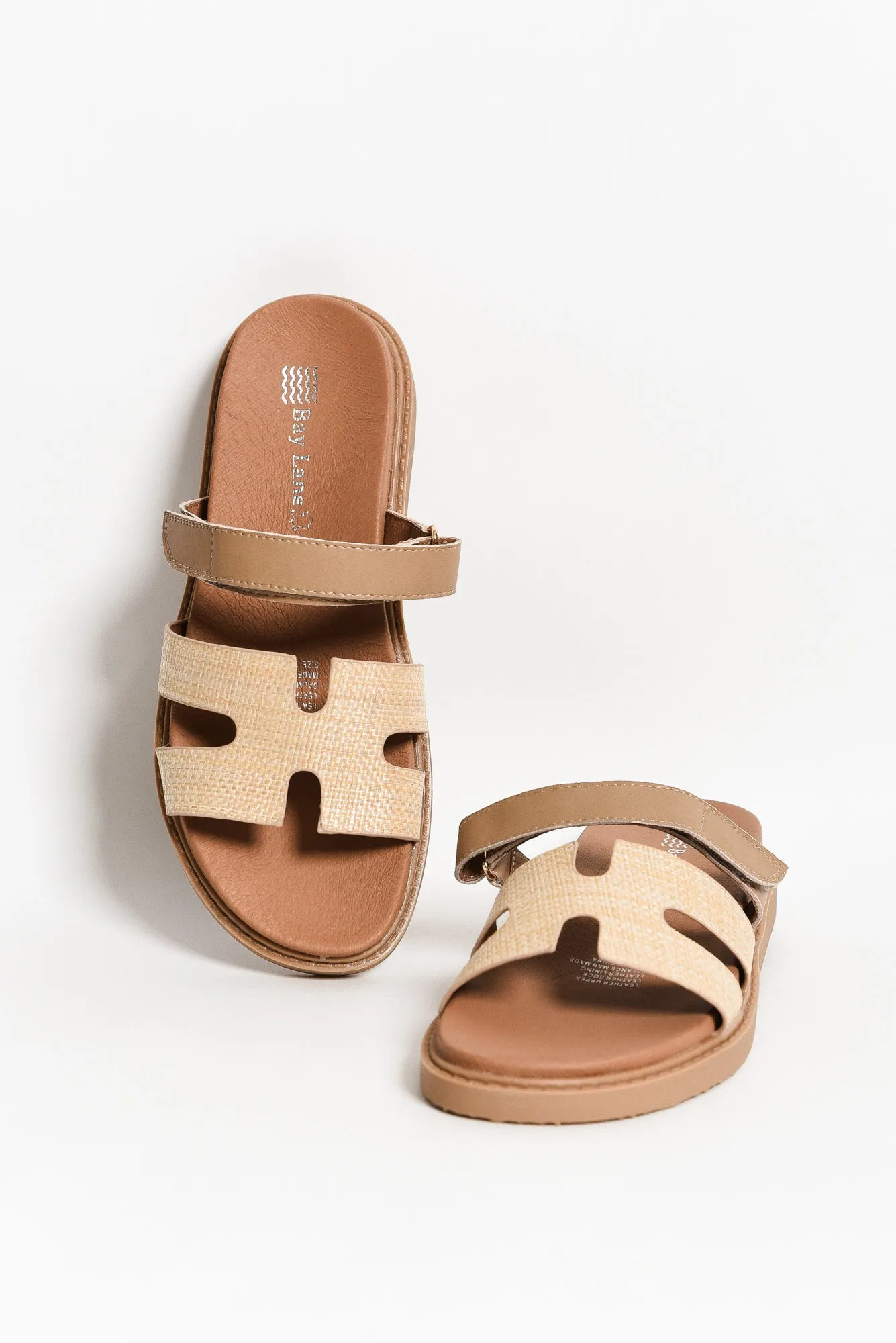 Malibu Natural Raffia Leather Velcro Slide sold by Blue Bungalow