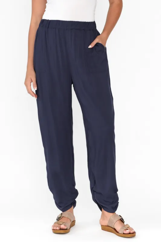 Milly Navy Ruched Hem Pants sold by Blue Bungalow