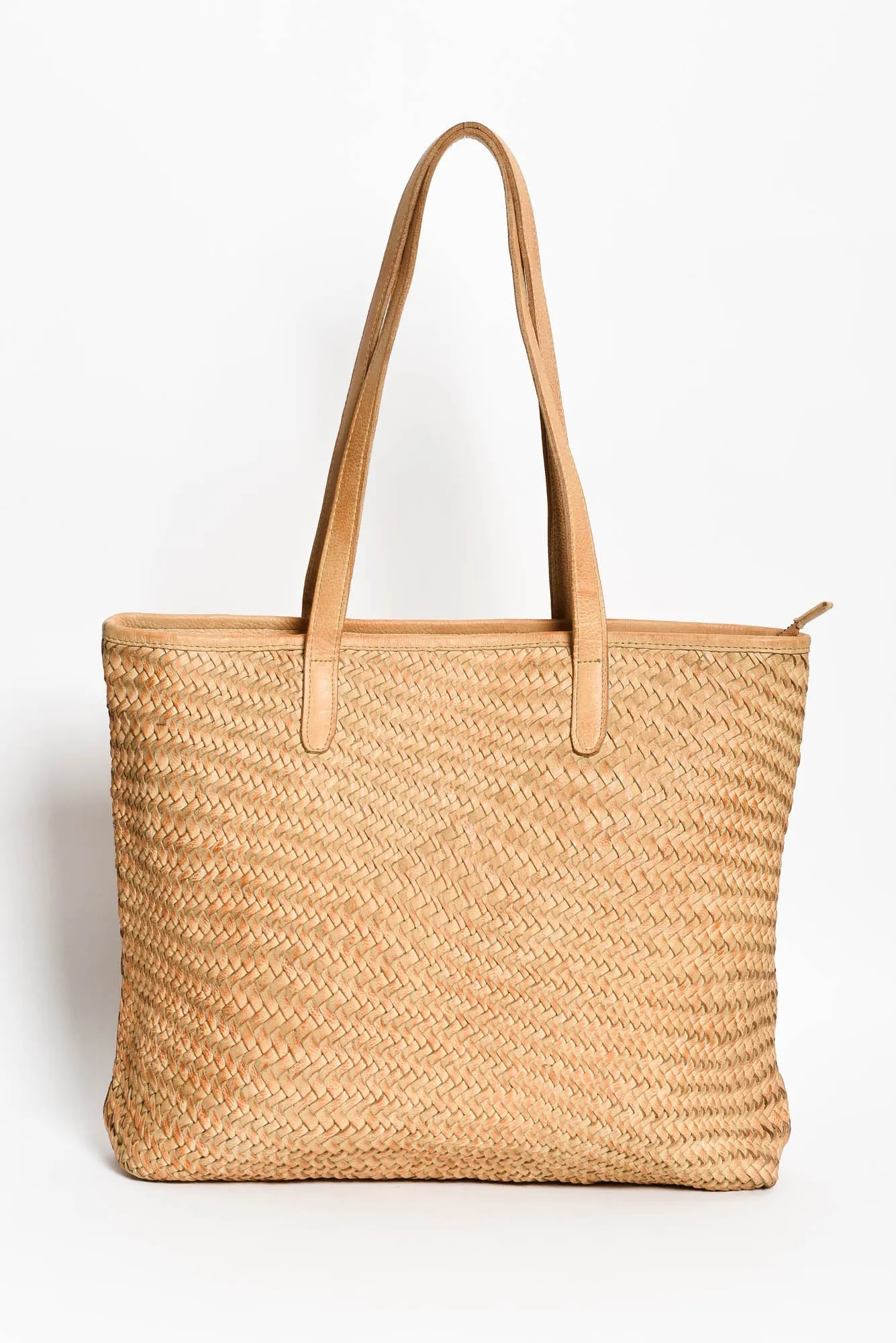 Amalfi Tan Leather Woven Tote Bag sold by Blue Bungalow