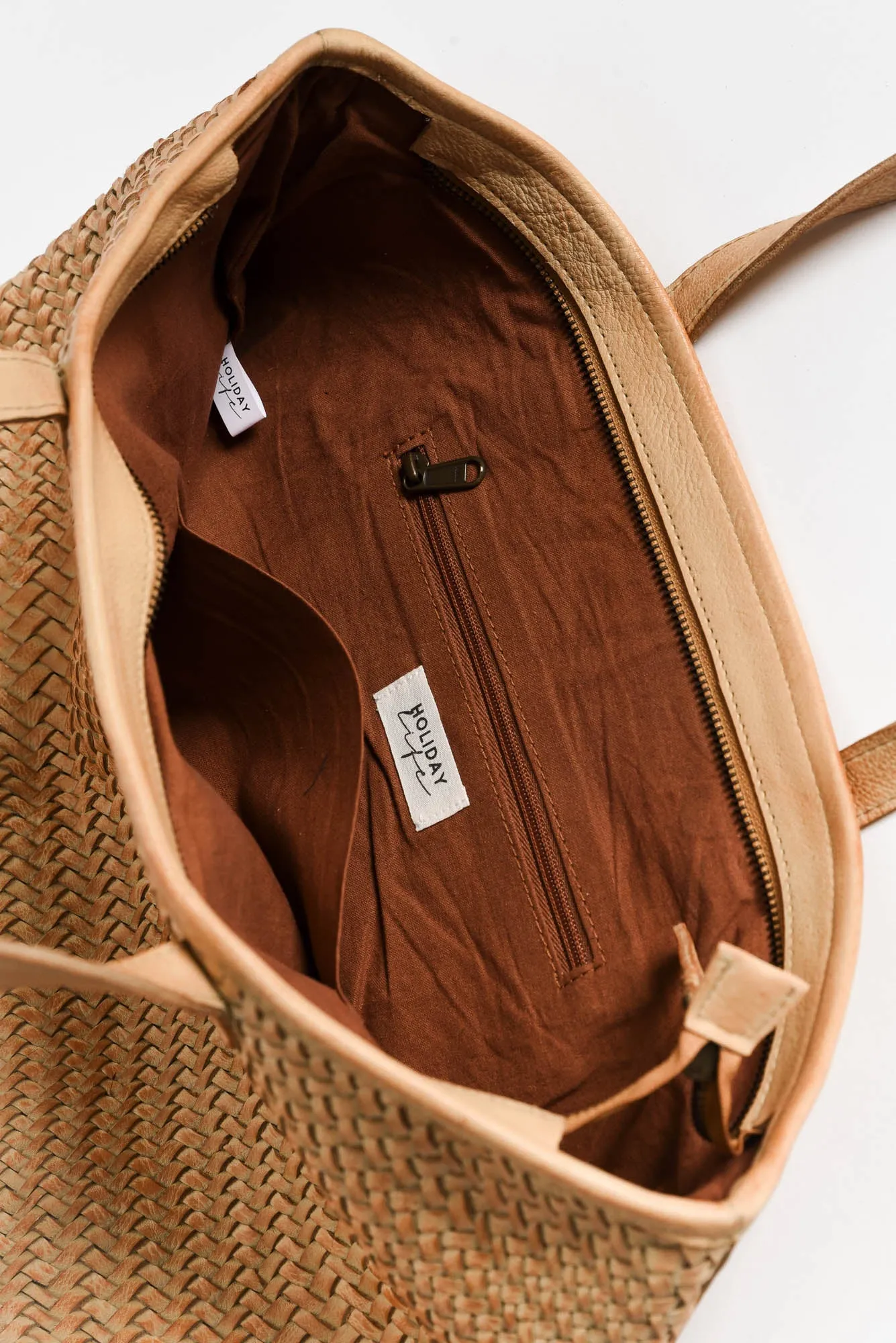 Amalfi Tan Leather Woven Tote Bag sold by Blue Bungalow product image thumbnail 4