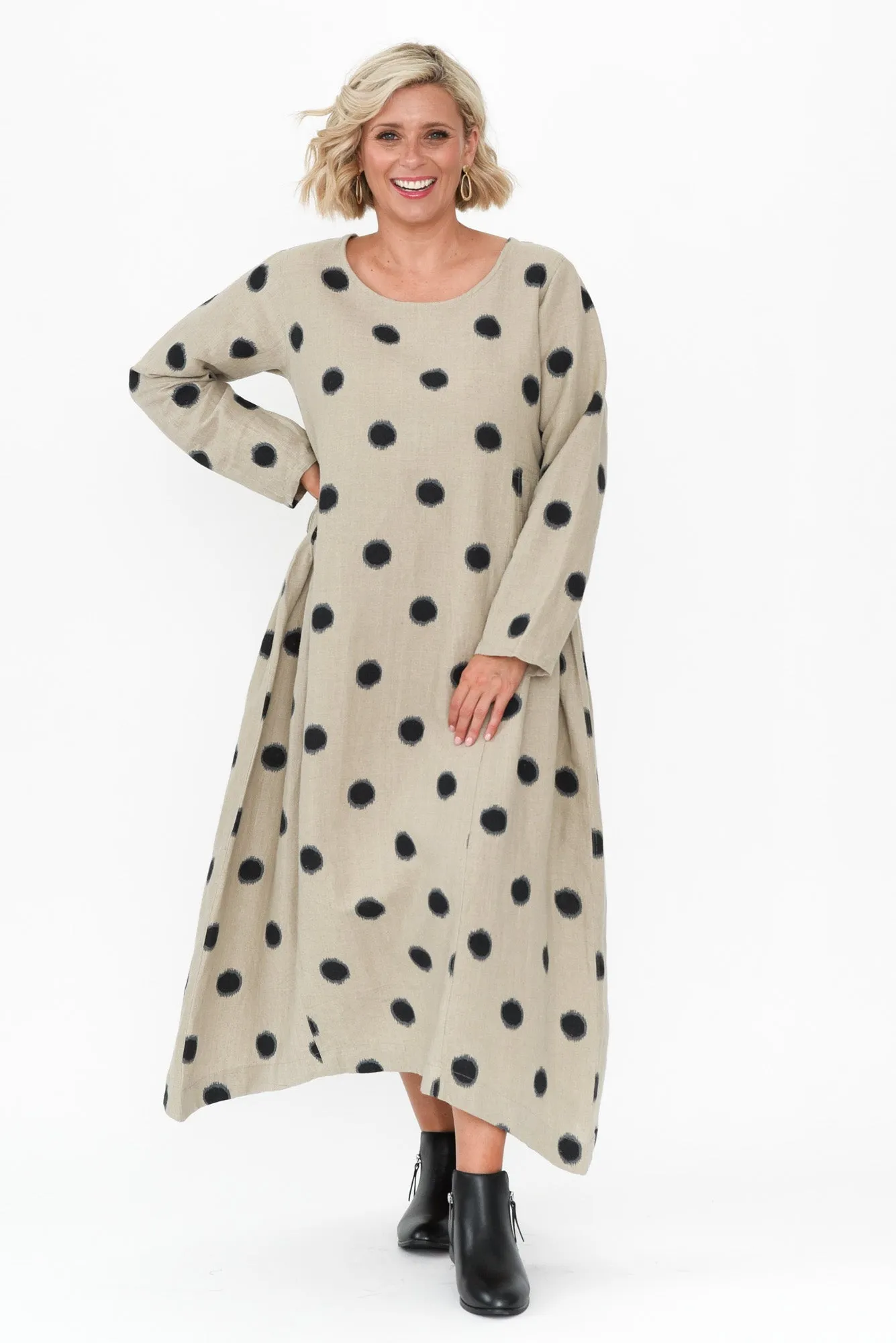 Alpine Navy Spot Cotton Linen Dress sold by Blue Bungalow