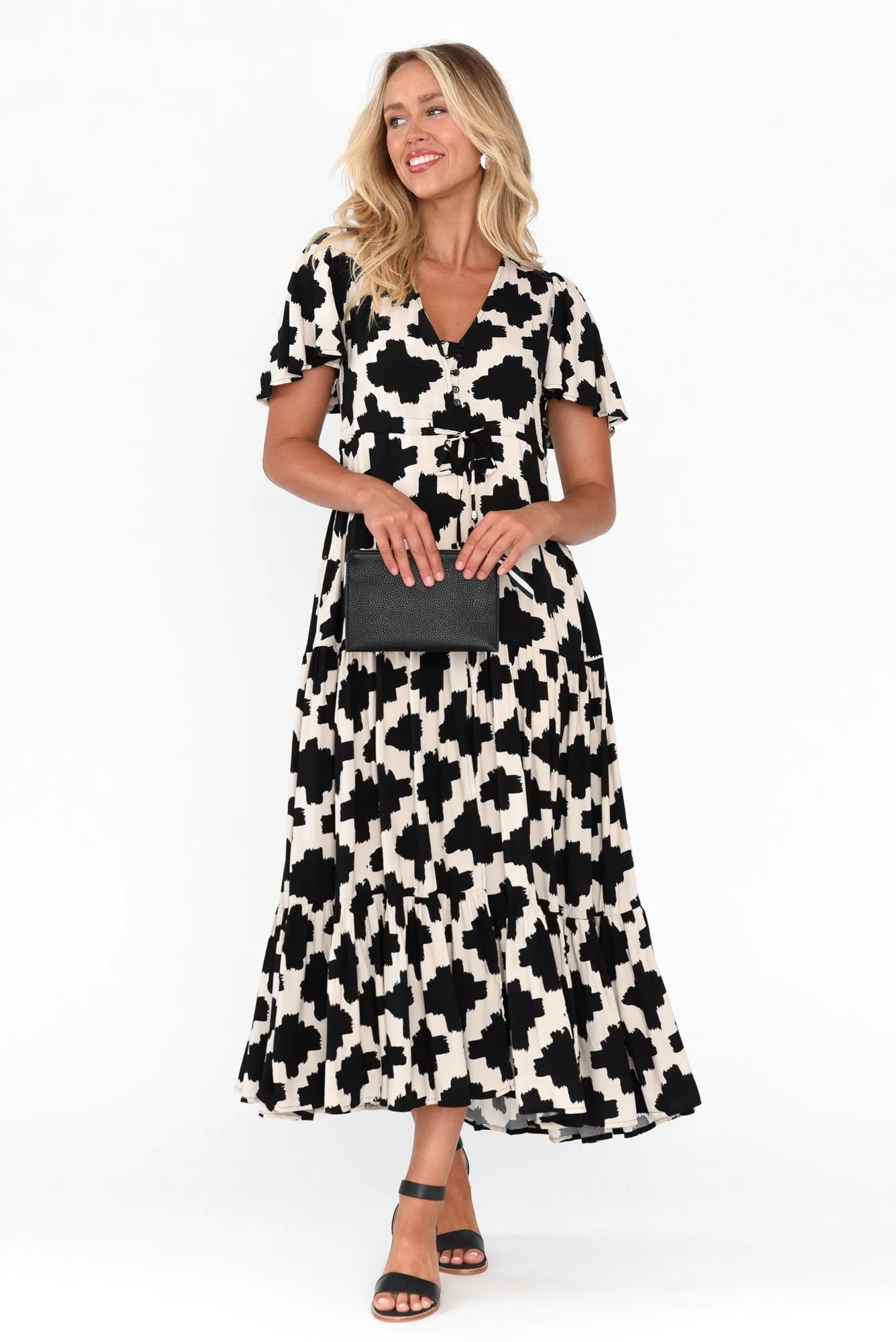 Adda Black Geo Button Tier Dress sold by Blue Bungalow